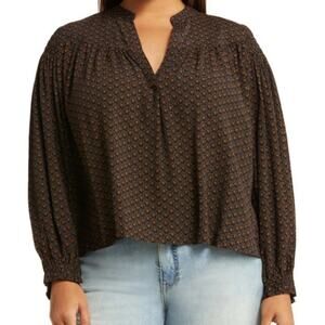 Treasure & Bond Brown Black Floral Blouson Sleeve Popover Blouse size 1X NEW Tag